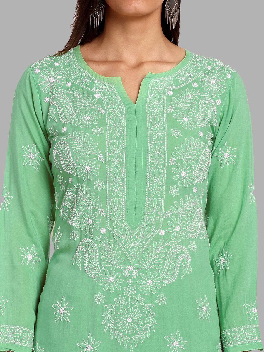 ADA Floral Embroidered Long Sleeves Regular Lucknowi Chikankari Kurta With Palazzos | Swadesiicart