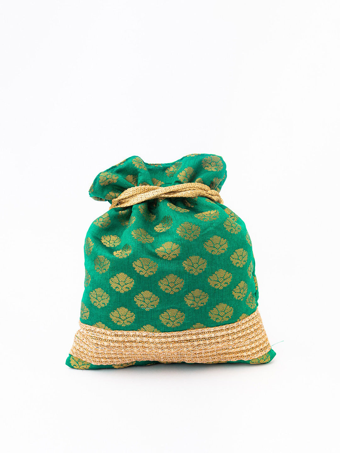 NR By Nidhi Rathi Green & Gold-Toned Banarasi Printed Potli Clutch - Swadesiicart