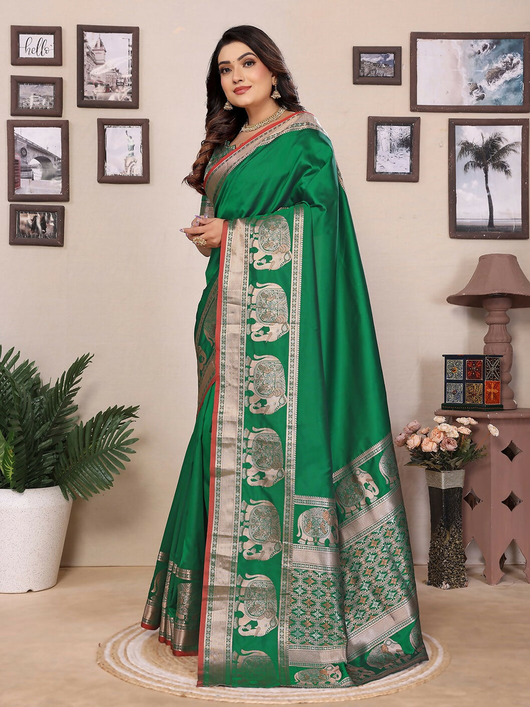 Joban Fashion Green Solid Banarasi Silk Sarees | Swadesiicart