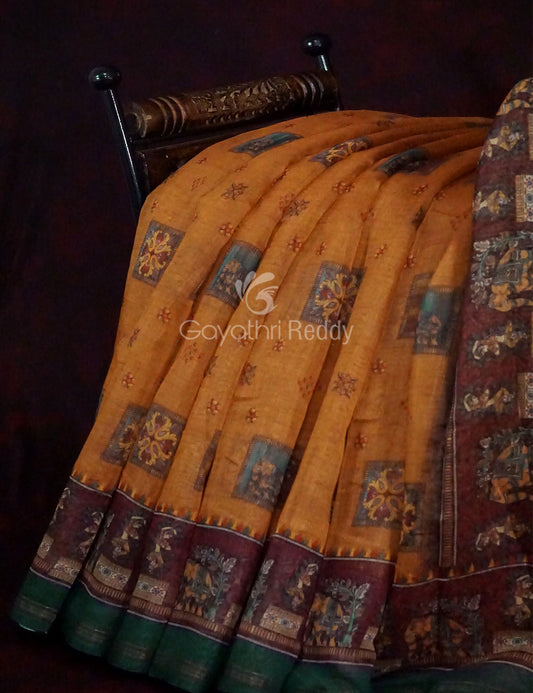 Orange Colour With Print Design Semi Chanderi Saree By Gayathri Reddy Designer Studio | Swadesiicart