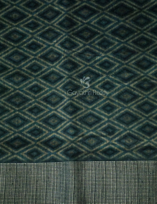 Grey Mixed Indigo Blue Colour Block Print Semi Chanderi Saree By Gayathri Reddy Designer Studio | Swadesiicart