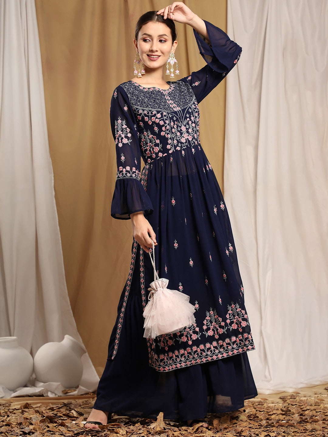 Kalini Women Navy Blue Floral Embroidered Thread Work Kurta with Sharara | Swadesiicart