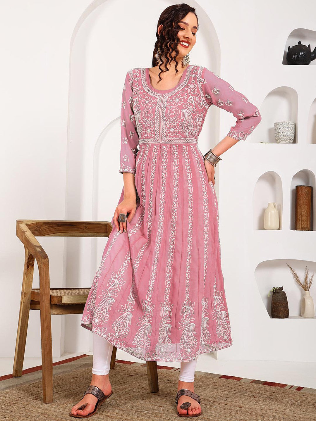 HERE&NOW Women Chikankari Embroidered Thread Work Georgette Anarkali Kurta | Swadesiicart