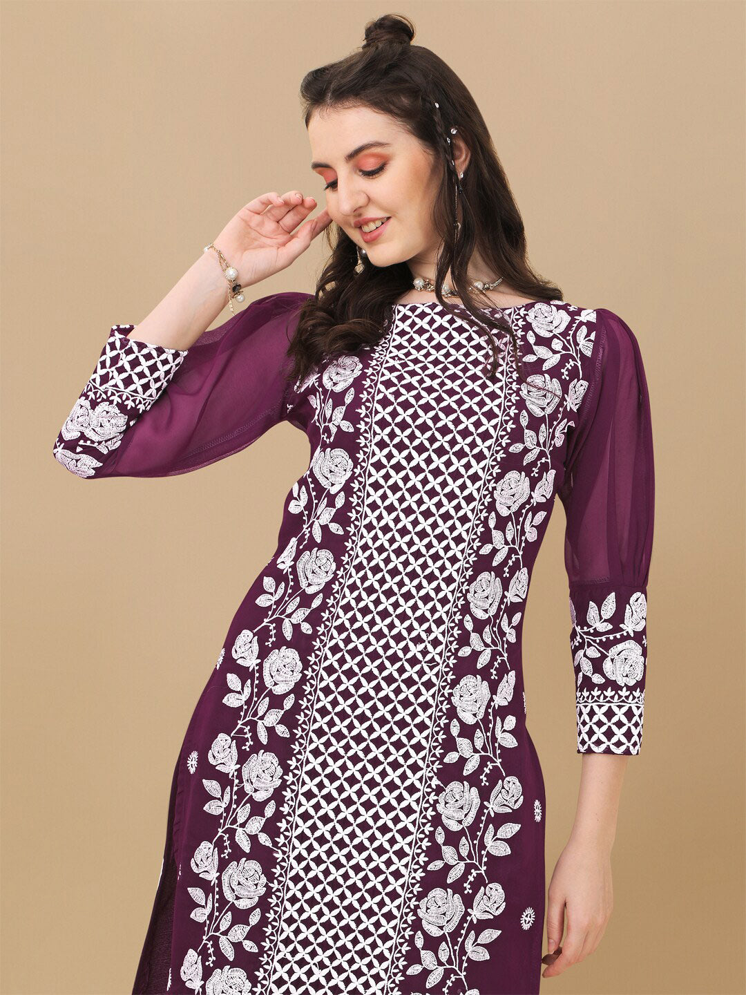 HERE&NOW Floral Embroidered Chikankari Kurta with Trousers & Dupatta | Swadesiicart