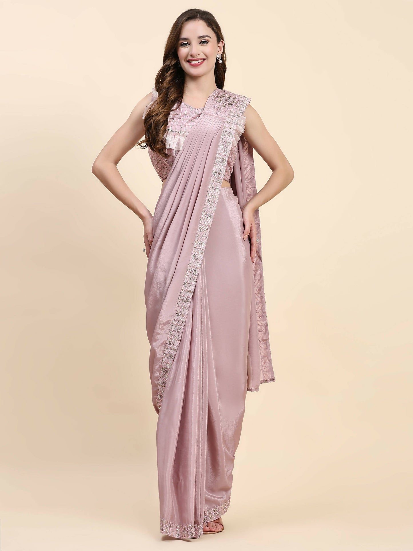 Pink Silk Satin Solid Ready to wear Saree with stitched Blouse - Satiksha | Swadesiicart