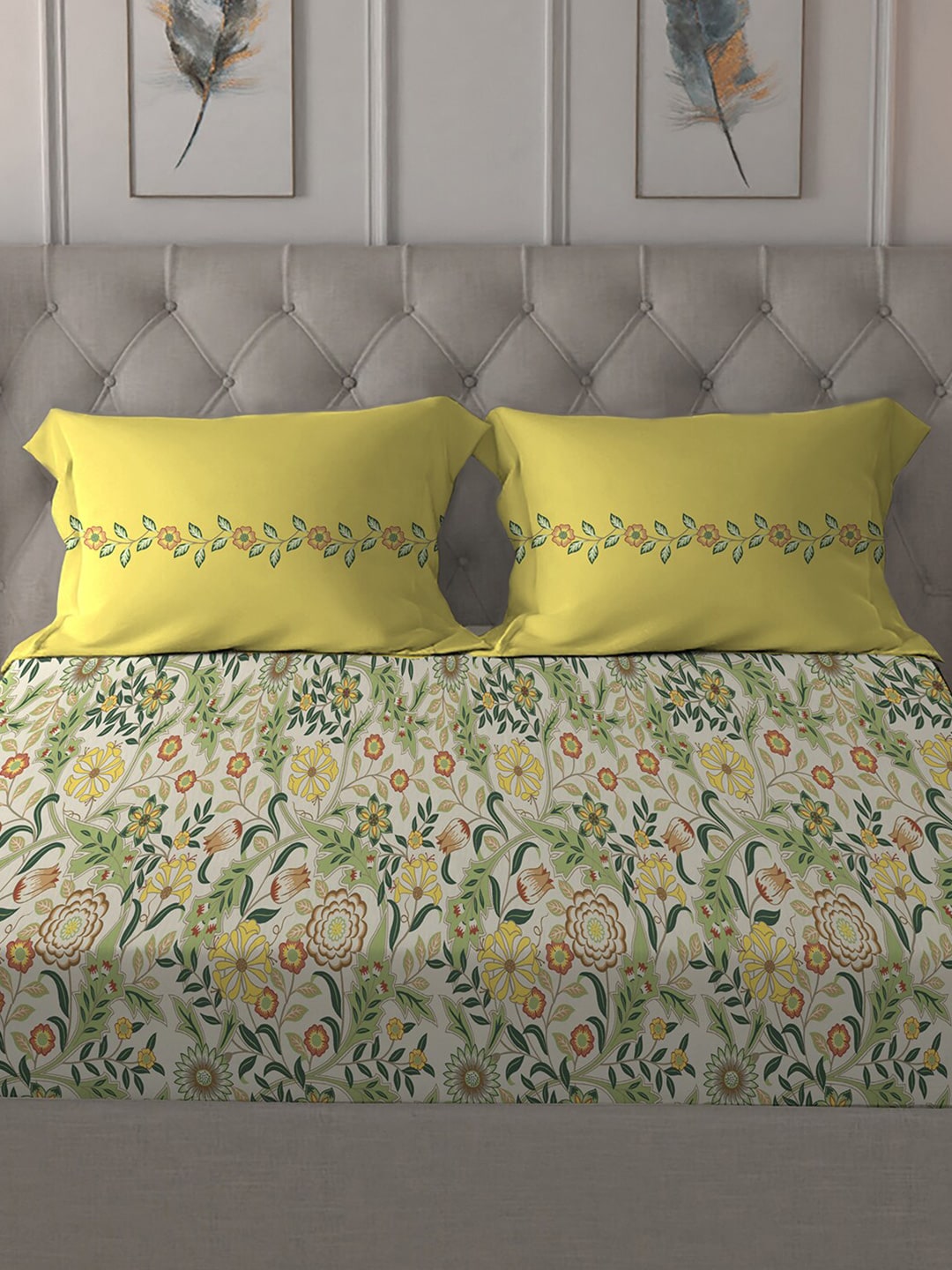 MYTRIDENT Beige White Floral Pure Cotton 144 TC Queen Bedsheet With 2 Pillow Covers - Swadesiicart