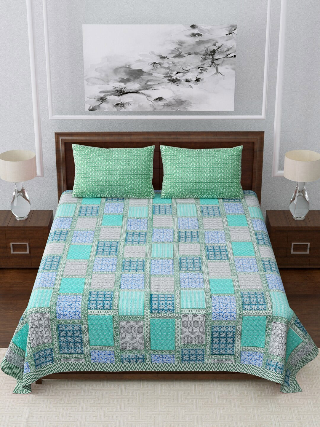 LIVING ROOTS Blue & Green Jaipur Printed 210 TC King Bedsheet with 2 Pillow Covers - Swadesiicart