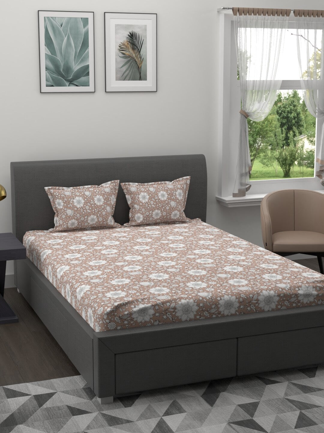 MYTRIDENT Brown White Ethnic Motifs 200 TC Cotton 1 King Bedsheet with 2 Pillow Covers - Swadesiicart