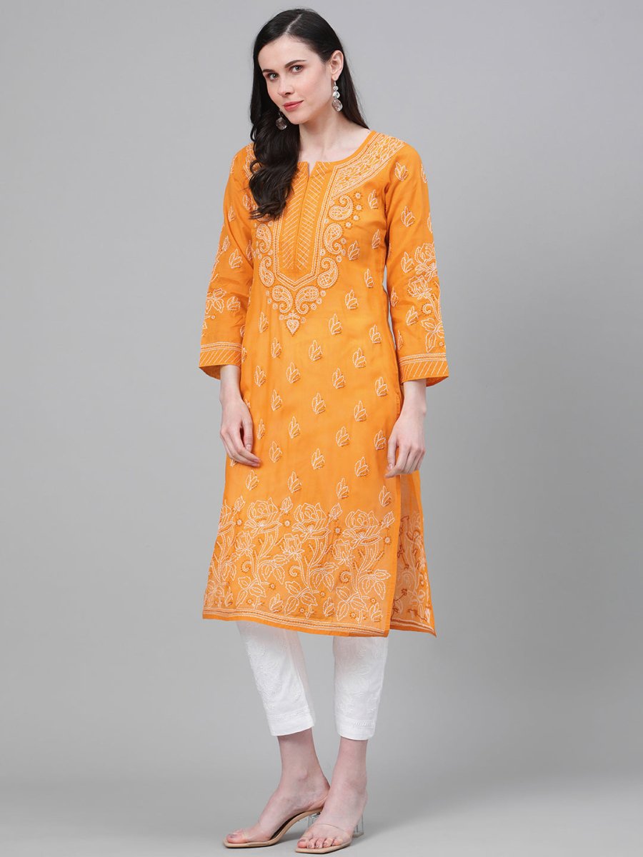 ADA Women Mustard Yellow & White Chikankari Embroidered Cotton Sustainable Handloom Kurta with Palazzos | Swadesiicart