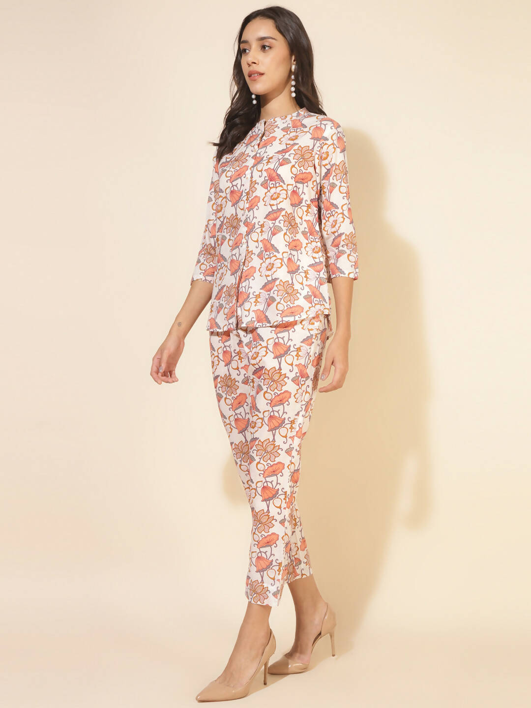 Janasya Women's White Cotton Floral Printed Casual A-Line Co-ords - Swadesiicart