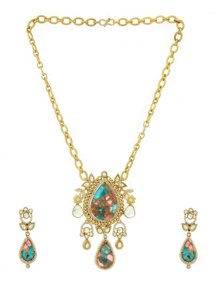 Natural Stones Antique Finish Earrings and Necklace set - Ruby Raang | Swadesiicart