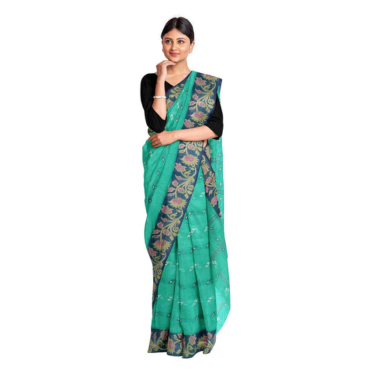 Exclusive Collection 100% Pure Cotton Green Tant Saree With Hand Weaving Work - Swadesiicart