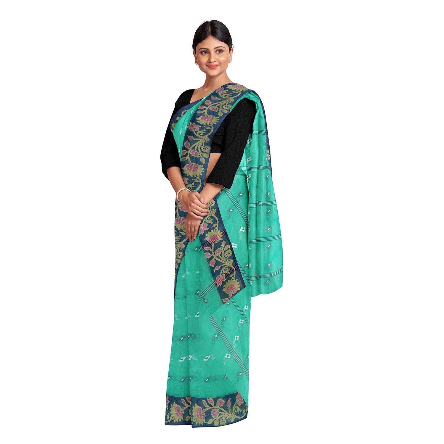 Exclusive Collection 100% Pure Cotton Green Tant Saree With Hand Weaving Work - Swadesiicart