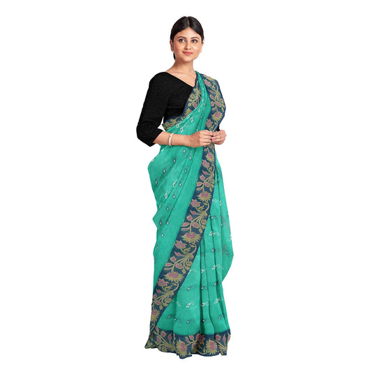 Exclusive Collection 100% Pure Cotton Green Tant Saree With Hand Weaving Work - Swadesiicart