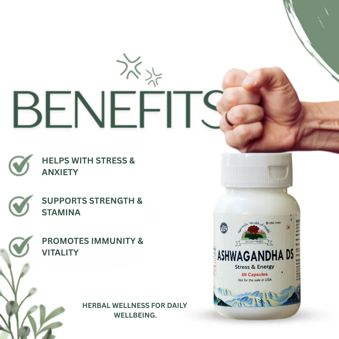 Ayush Herbs Ashwagandha DS | Stress Relief, Energy & Stamina Support (60 Capsules)