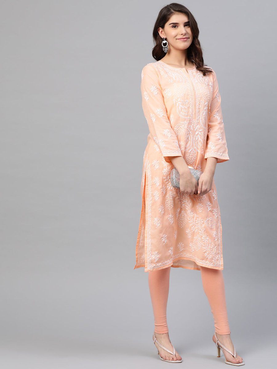 ADA Women Peach-Coloured & White Chikankari Embroidered Straight Sustainable Kurta | Swadesiicart
