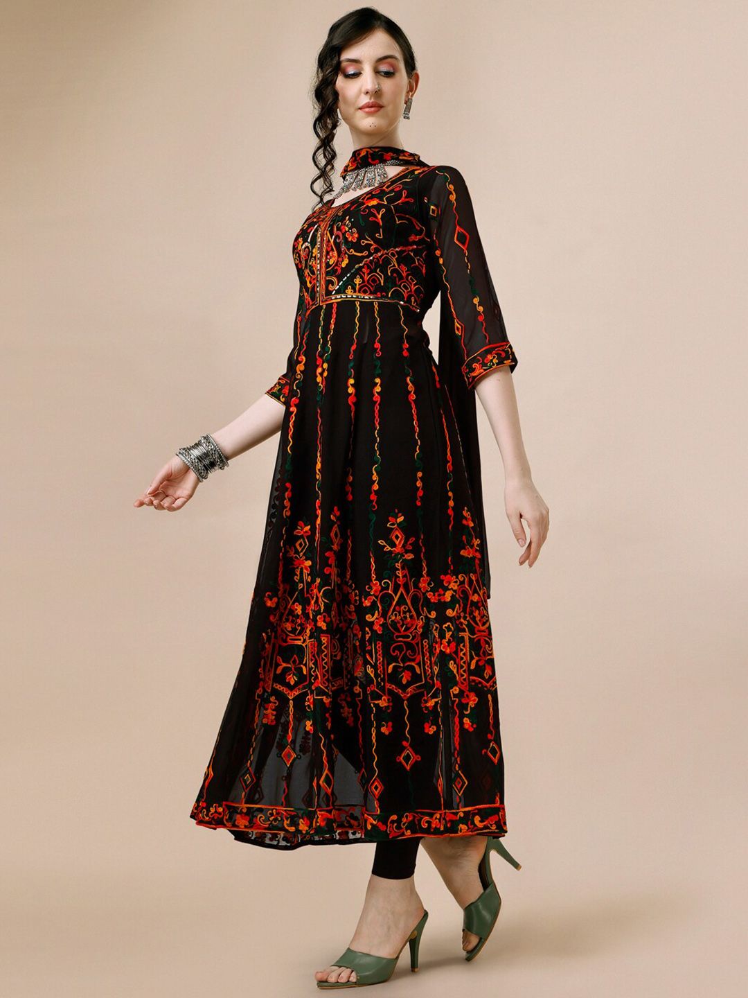 Kalini Floral Thread Work Pleated Anarkali Kurta with Dupatta - Swadesiicart