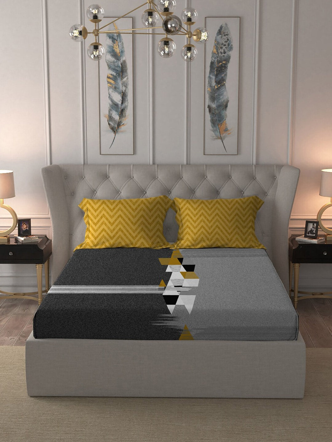 MYTRIDENT Grey Melange White Geometric Cotton 144 TC Queen Bedsheet With 2 Pillow Covers - Swadesiicart