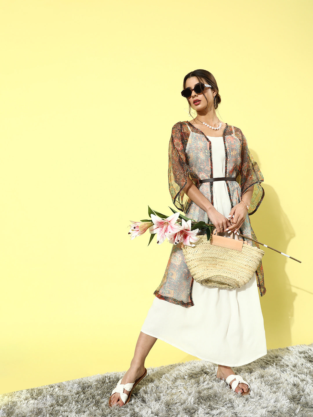 InWeave Cream - Multi Colour Organza Cape Set - Swadesiicart