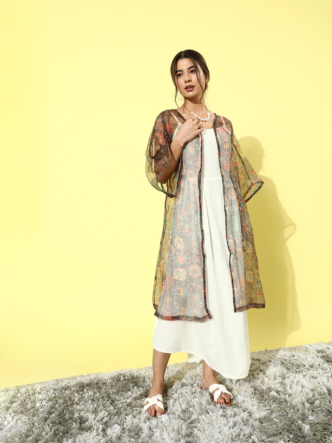 InWeave Cream - Multi Colour Organza Cape Set - Swadesiicart
