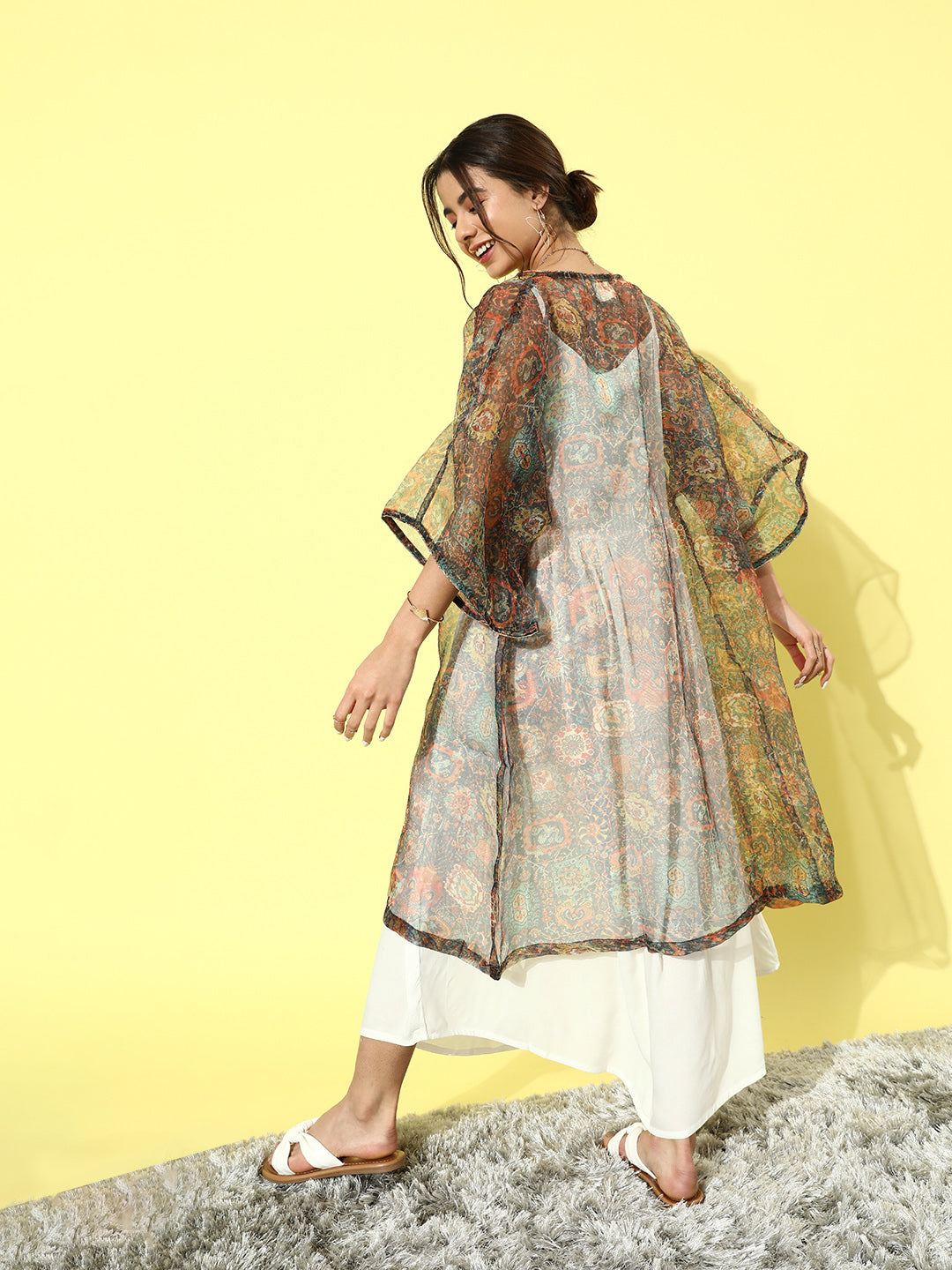 InWeave Cream - Multi Colour Organza Cape Set - Swadesiicart