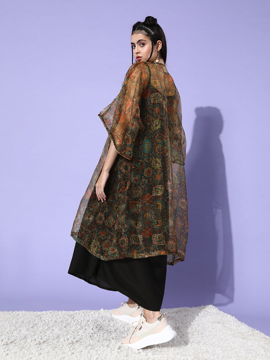 InWeave Black - Multi Print Organza Cape Set - Swadesiicart