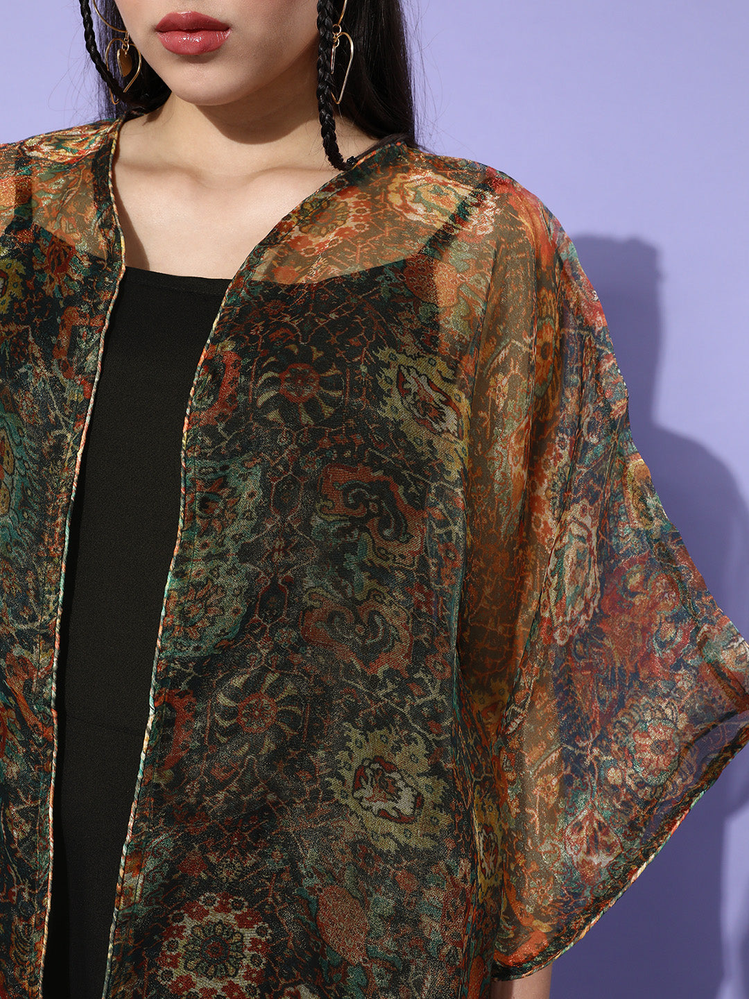 InWeave Black - Multi Print Organza Cape Set - Swadesiicart