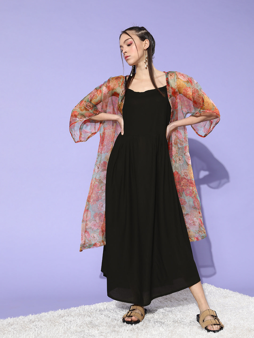InWeave Black -Orange Organza Cape Set - Swadesiicart