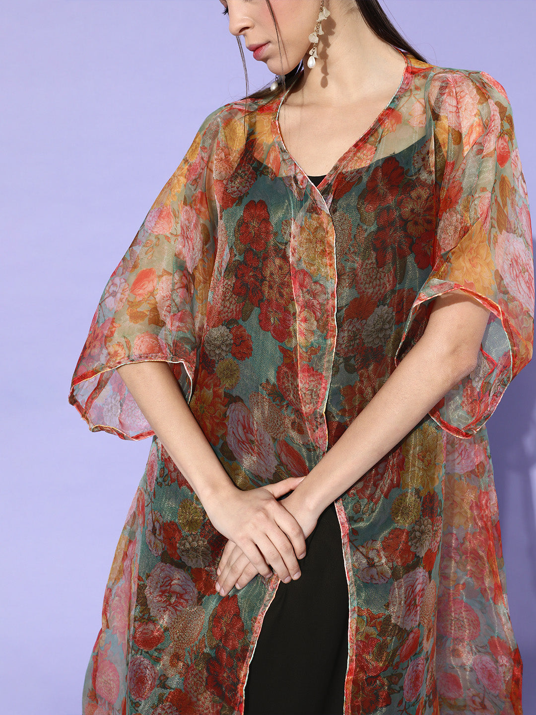 InWeave Black -Orange Organza Cape Set - Swadesiicart