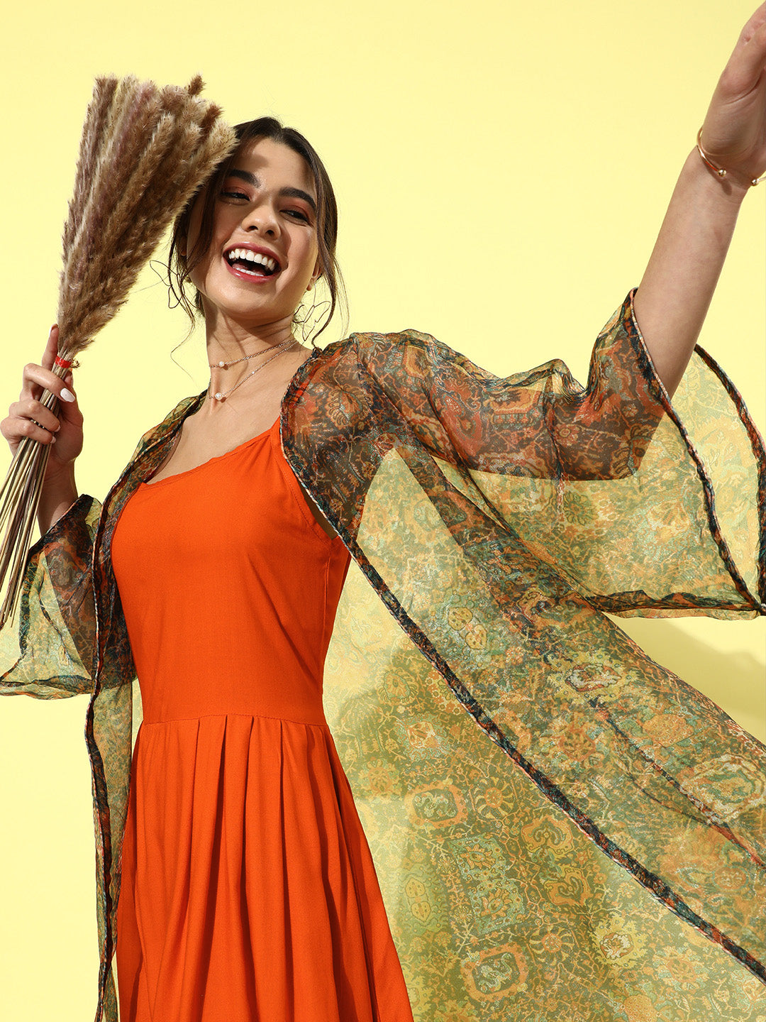 InWeave Orange - Multi Printed Organza Cape Set - Swadesiicart