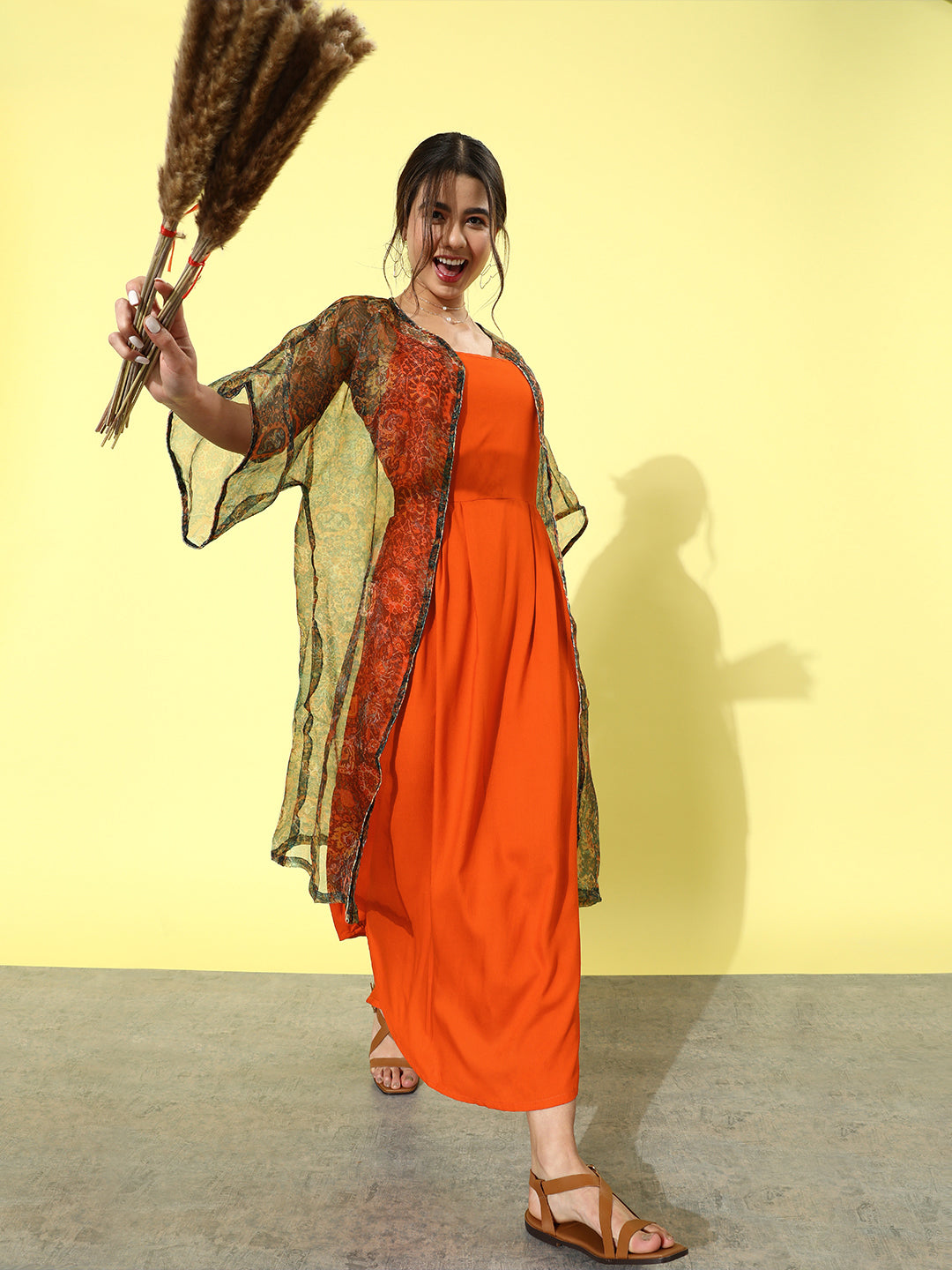 InWeave Orange - Multi Printed Organza Cape Set - Swadesiicart