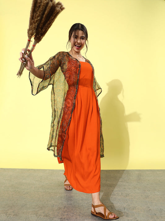 InWeave Orange - Multi Printed Organza Cape Set - Swadesiicart
