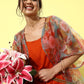 InWeave Orange Floral Printed Organza Cape Set - Swadesiicart
