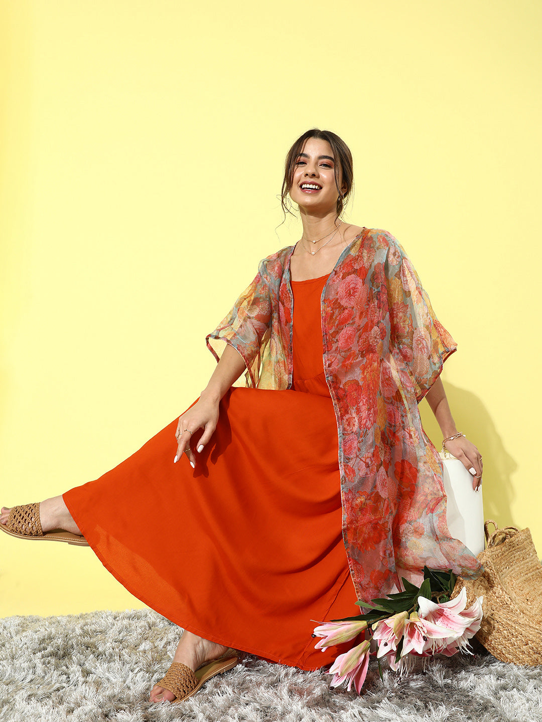 InWeave Orange Floral Printed Organza Cape Set - Swadesiicart