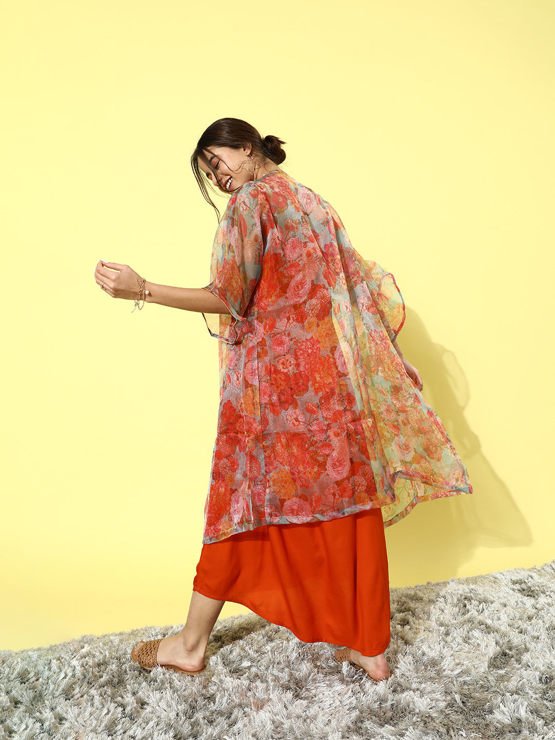 InWeave Orange Floral Printed Organza Cape Set - Swadesiicart