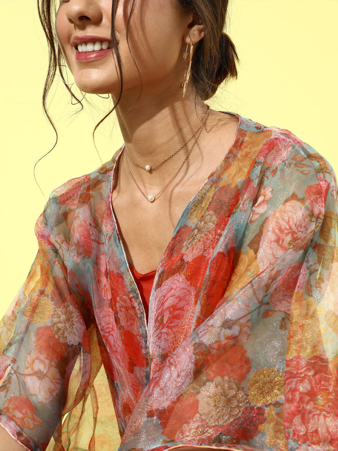 InWeave Orange Floral Printed Organza Cape Set - Swadesiicart