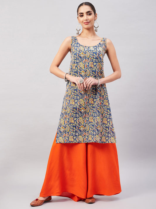 InWeave Women's Blue Kalamkari Straight Kurta Palazzo Set - Swadesiicart