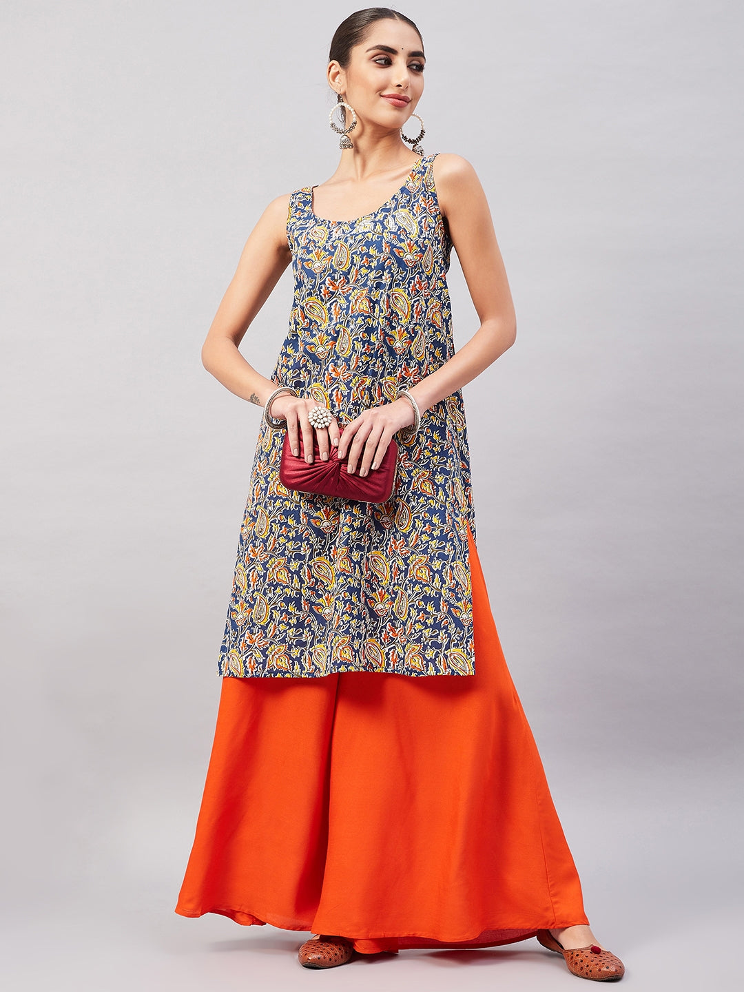 InWeave Women's Blue Kalamkari Straight Kurta Palazzo Set - Swadesiicart