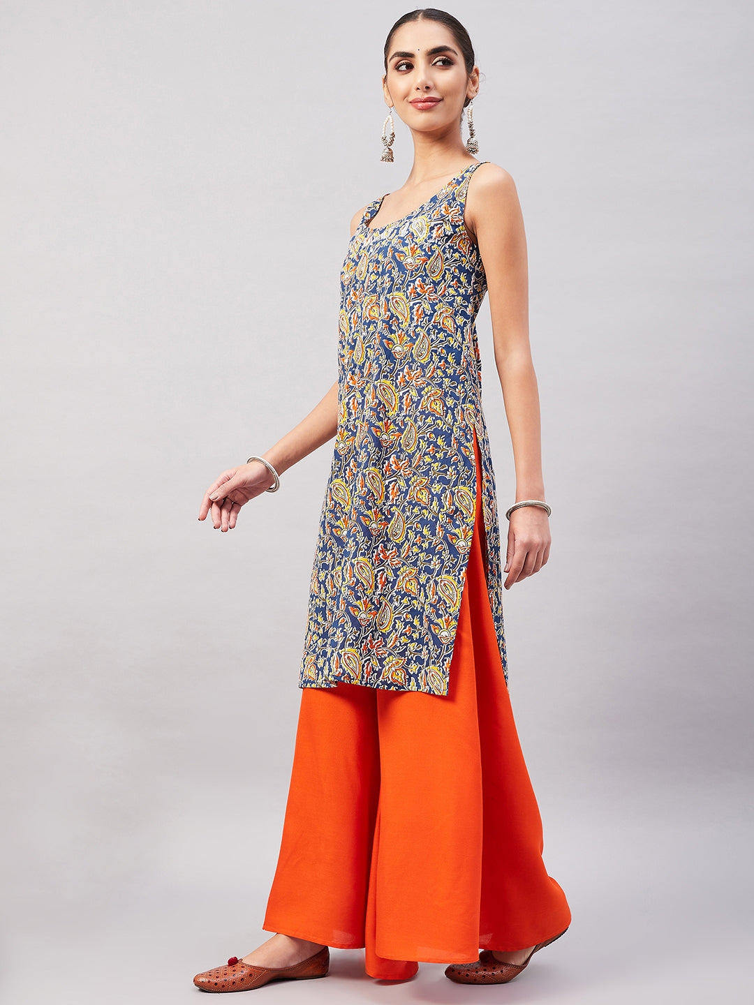 InWeave Women's Blue Kalamkari Straight Kurta Palazzo Set - Swadesiicart