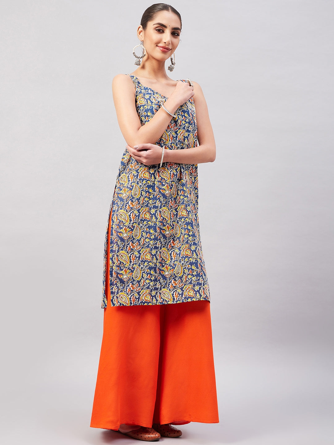InWeave Women's Blue Kalamkari Straight Kurta Palazzo Set - Swadesiicart