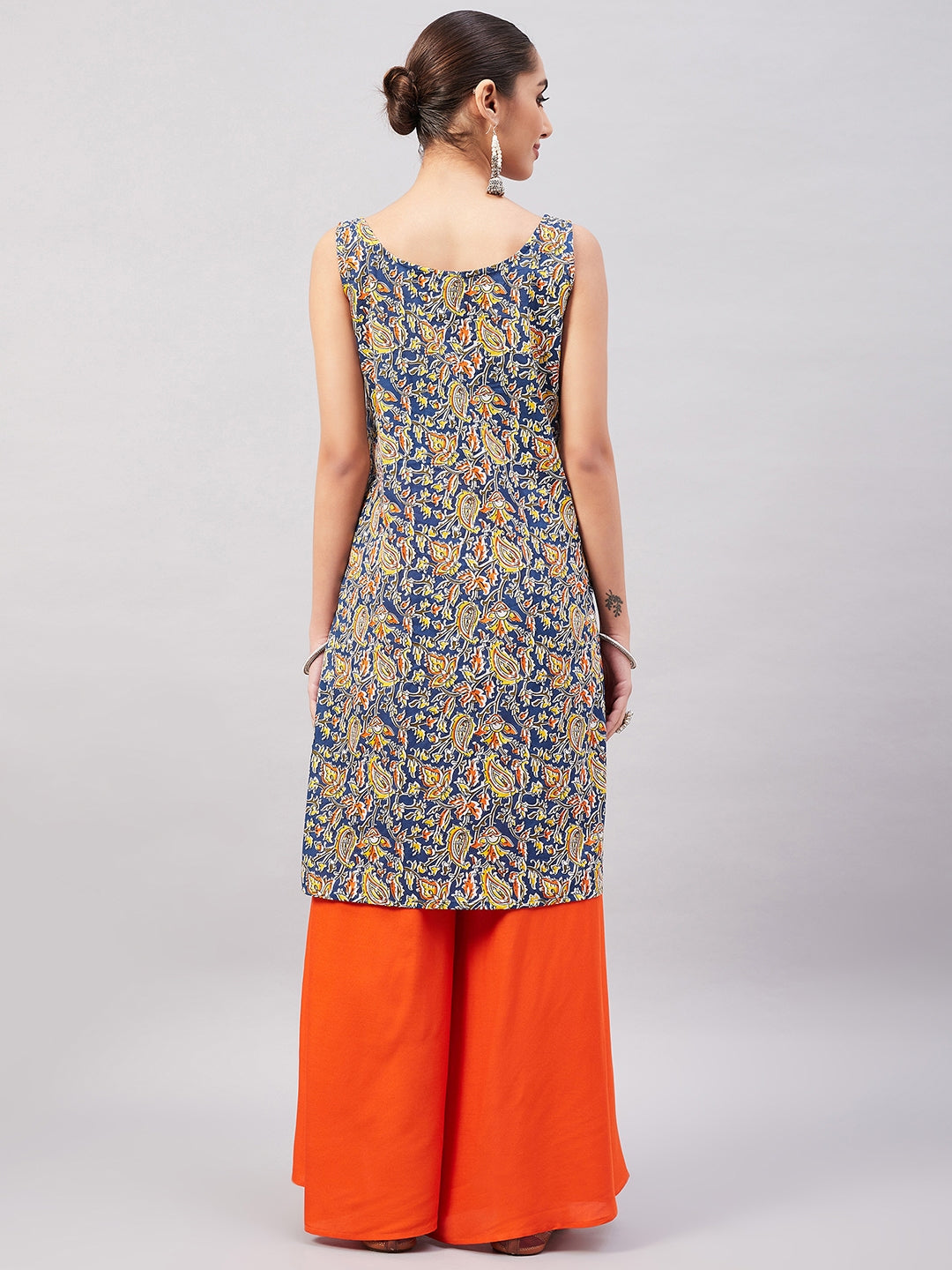 InWeave Women's Blue Kalamkari Straight Kurta Palazzo Set - Swadesiicart