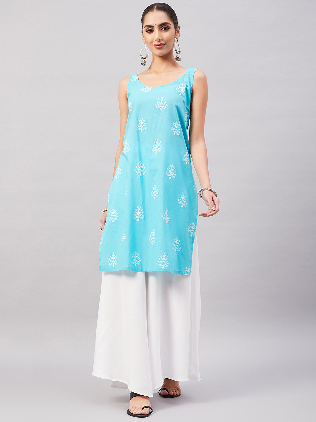 InWeave Women's Sea Blue Print Straight Kurta Palazzo Set - Swadesiicart