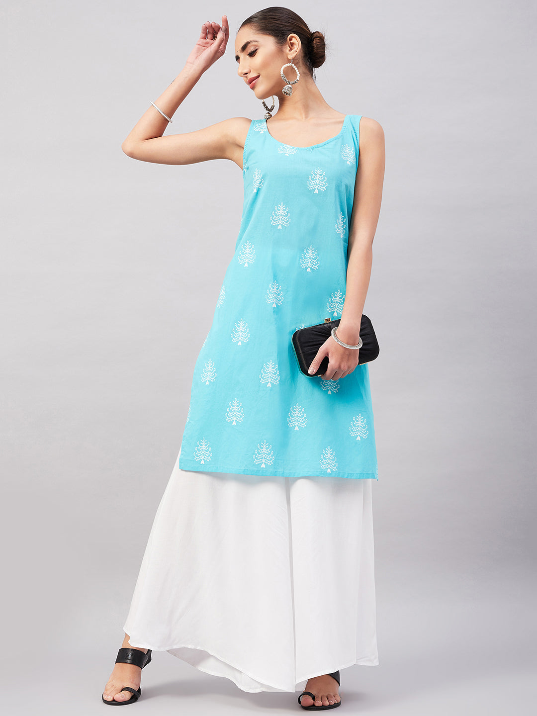 InWeave Women's Sea Blue Print Straight Kurta Palazzo Set - Swadesiicart
