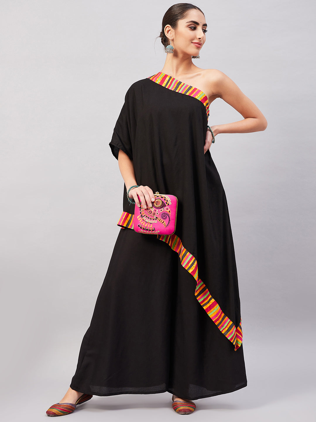 InWeave Women's Black Multi Striped One Shoulder Kurta Set - Swadesiicart