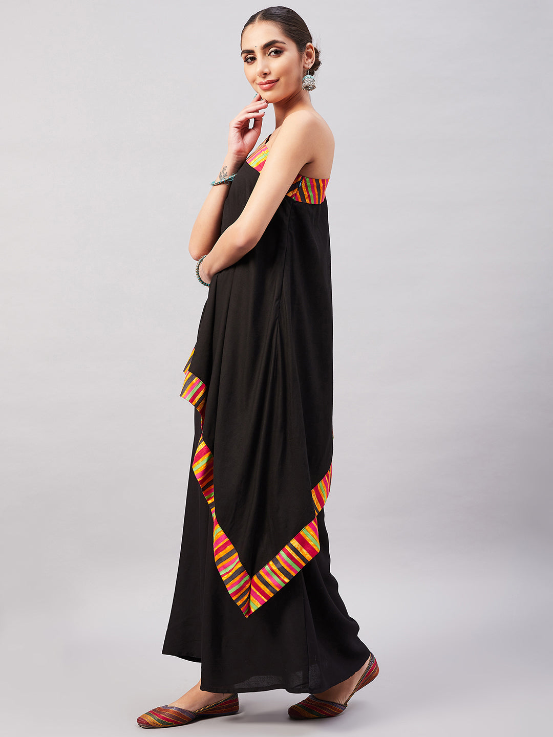 InWeave Women's Black Multi Striped One Shoulder Kurta Set - Swadesiicart