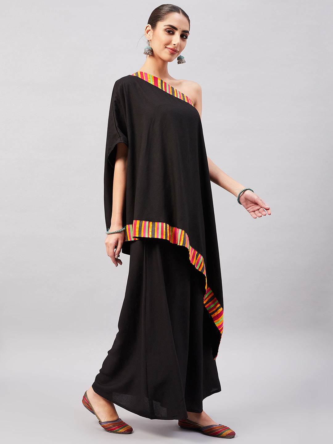 InWeave Women's Black Multi Striped One Shoulder Kurta Set - Swadesiicart