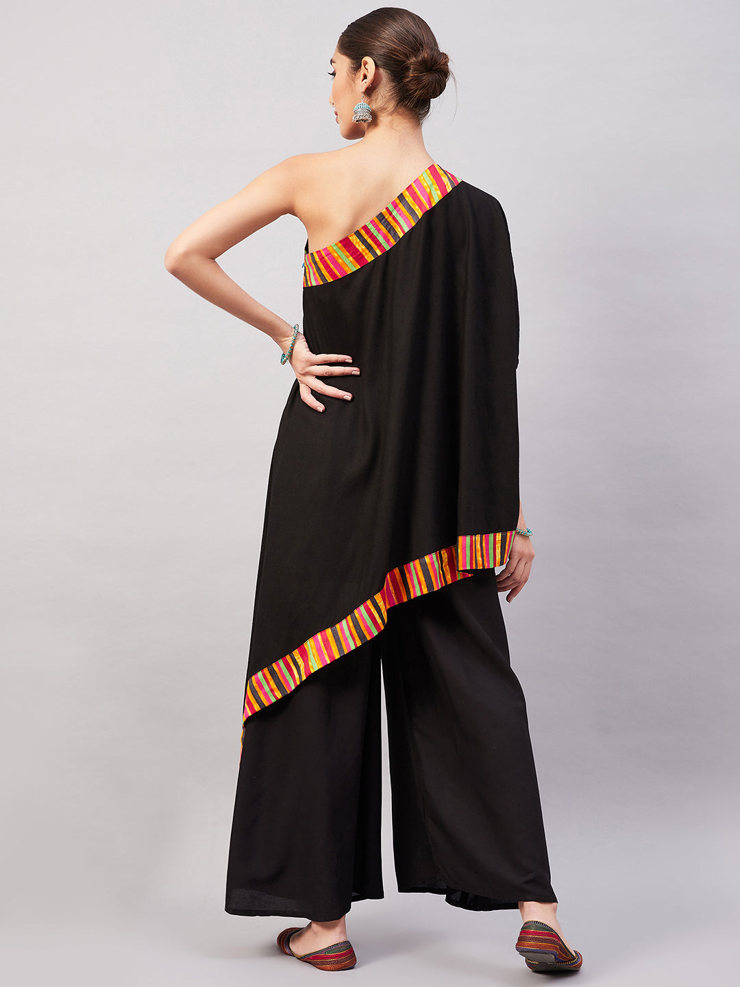 InWeave Women's Black Multi Striped One Shoulder Kurta Set - Swadesiicart