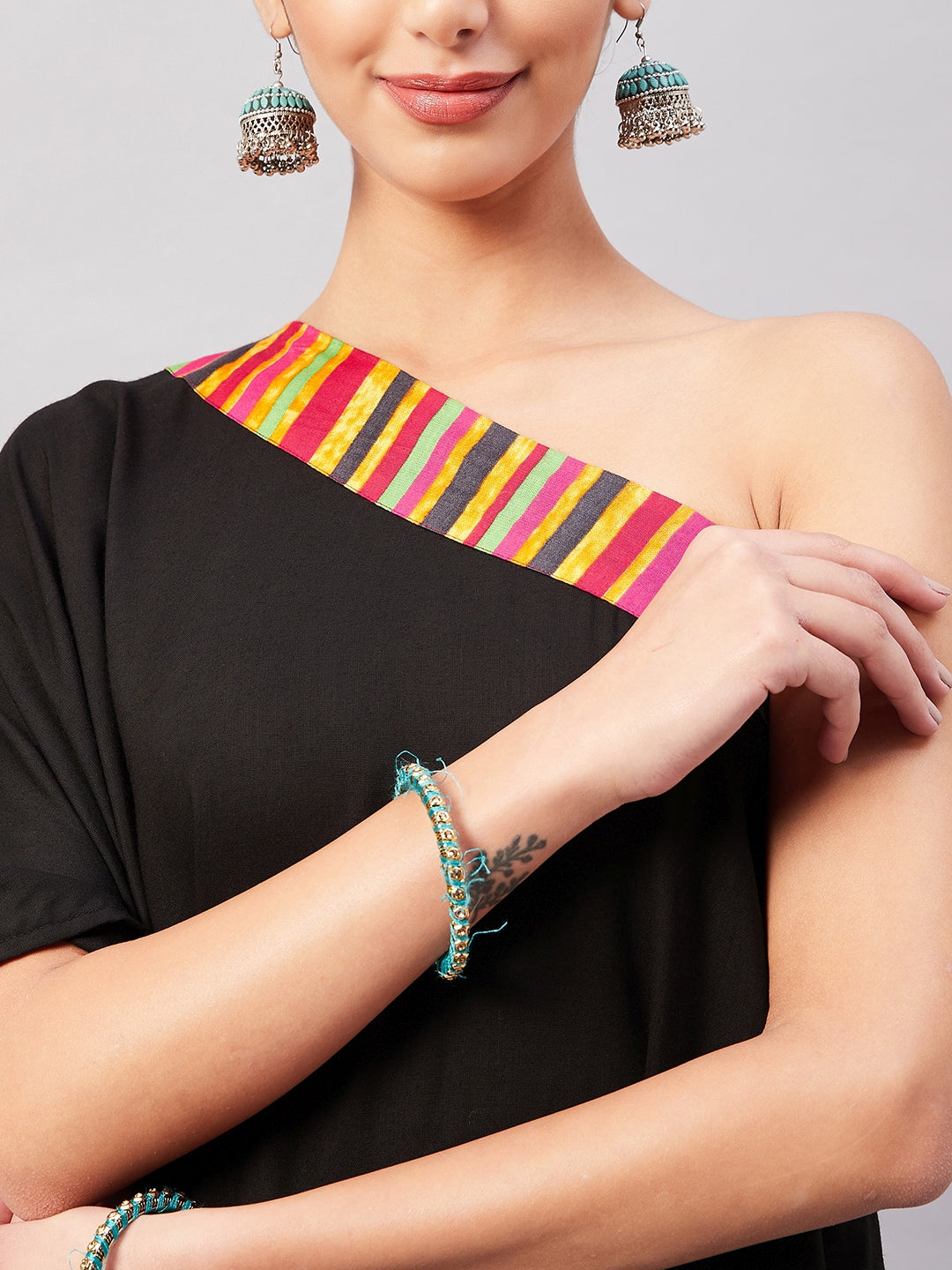 InWeave Women's Black Multi Striped One Shoulder Kurta Set - Swadesiicart