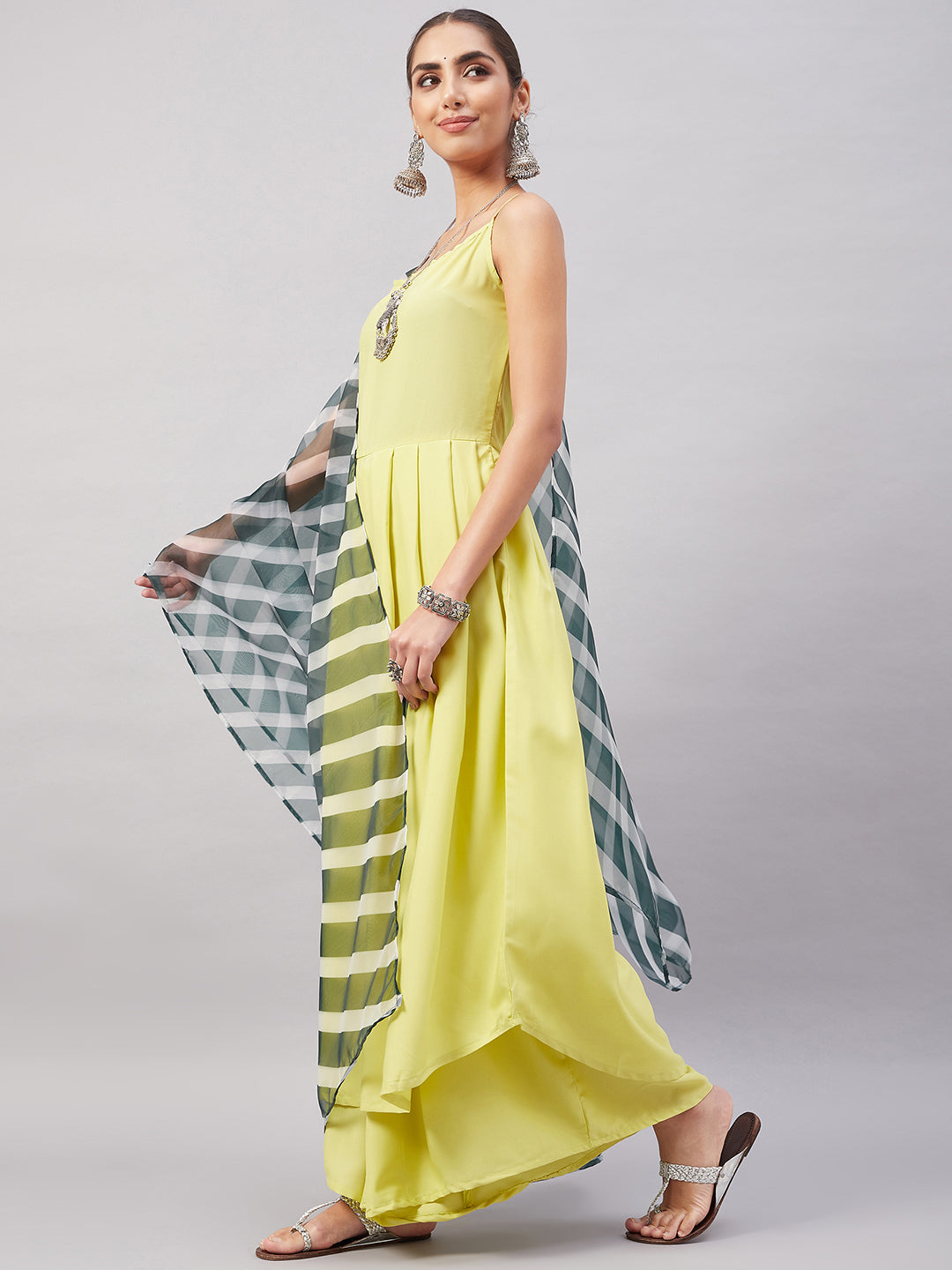 InWeave Women's Summer Yellow R Strappy Kurta Set With Green Leh Dupatta - Swadesiicart
