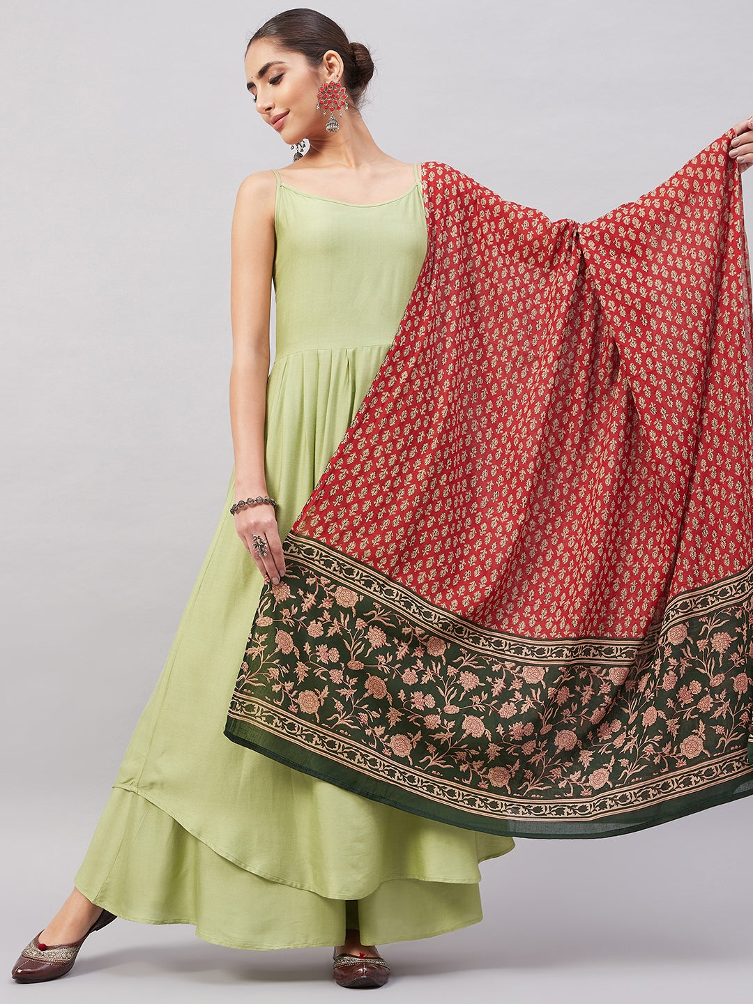InWeave Women's Light Green R Strappy Set W Green Red Print Cotton Dupatta - Swadesiicart